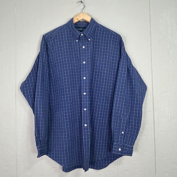 VTG Ralph Lauren Blake Button-Up Mens XL Blue Pony Cotton Windowpane Long Sleeve - Picture 2 of 16